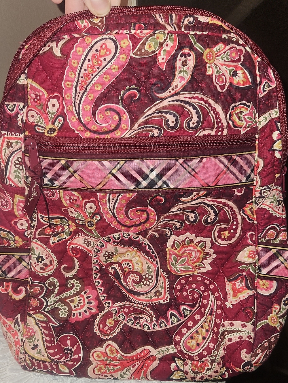 Vera Bradley Burgundy Paisley Quilted Backpack with Pink Accents